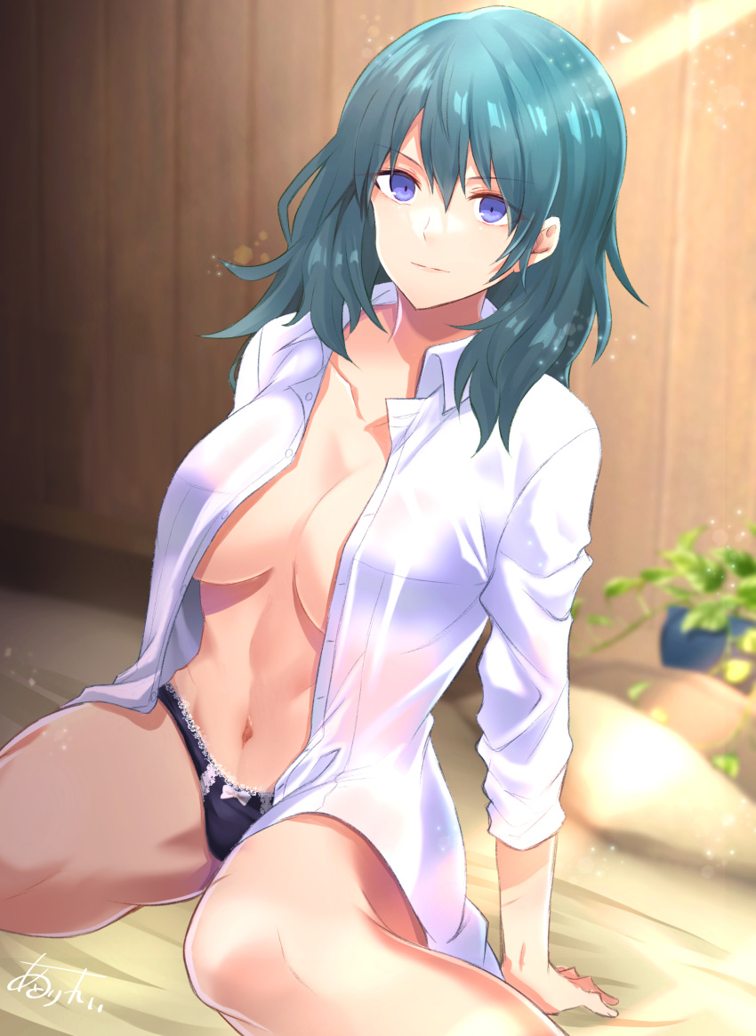 1girl absurdres arm_support bangs black_panties blue_eyes blue_hair blurry blurry_background bow bow_panties breasts byleth_(fire_emblem) byleth_(fire_emblem)_(female) collarbone commentary_request feet_out_of_frame fire_emblem fire_emblem:_three_houses hair_between_eyes highres huleito indoors large_breasts light_rays long_hair long_sleeves looking_at_viewer navel open_clothes open_shirt panties plant shirt sitting solo stomach underwear wariza white_shirt