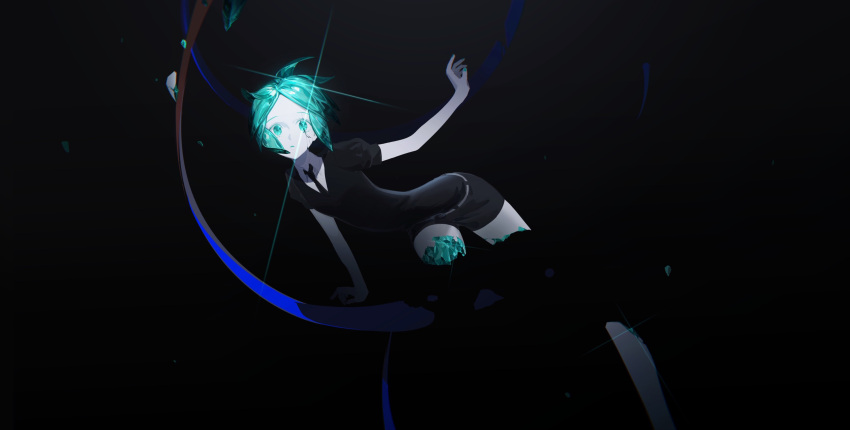 1other amputee androgynous aqua_eyes arm_at_side belt black_background black_footwear black_necktie commentary_request cracked_skin crystal_hair double_amputee gem_uniform_(houseki_no_kuni) glint highres houseki_no_kuni looking_at_viewer meru02295238 necktie other_focus outstretched_arm phosphophyllite puffy_short_sleeves puffy_sleeves severed_limb shards shoes short_sleeves shorts simple_background solo surprised