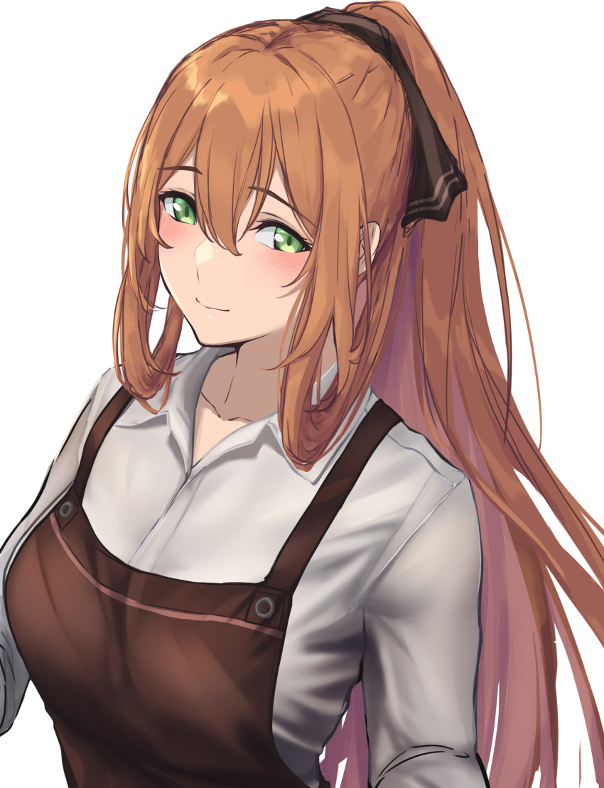 1girl 3_small_spiders apron blush breasts brown_apron brown_hair closed_mouth collarbone collared_shirt commentary from_above girls'_frontline green_eyes hair_between_eyes hair_ribbon hair_rings high_ponytail highres large_breasts long_hair looking_at_viewer ponytail ribbon shirt sidelocks solo springfield_(girls'_frontline) upper_body white_background white_shirt
