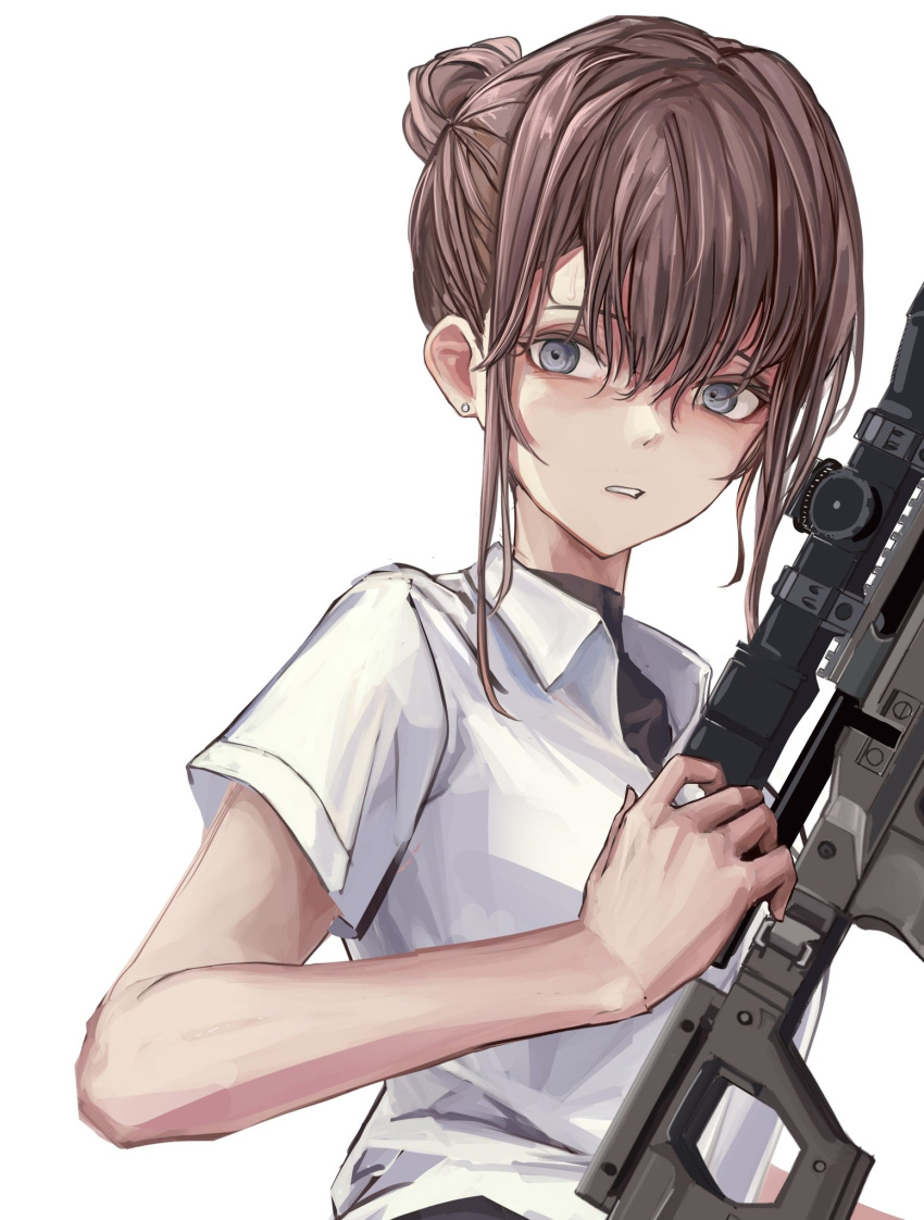 1girl ar-57_(girls'_frontline) bangs black_bodysuit blue_eyes bodysuit breasts brown_hair eye_piercing girls'_frontline gun highres holding holding_gun holding_weapon lithographica long_hair looking_at_viewer open_mouth rifle shirt short_sleeves sniper_rifle solo upper_body weapon white_background white_shirt