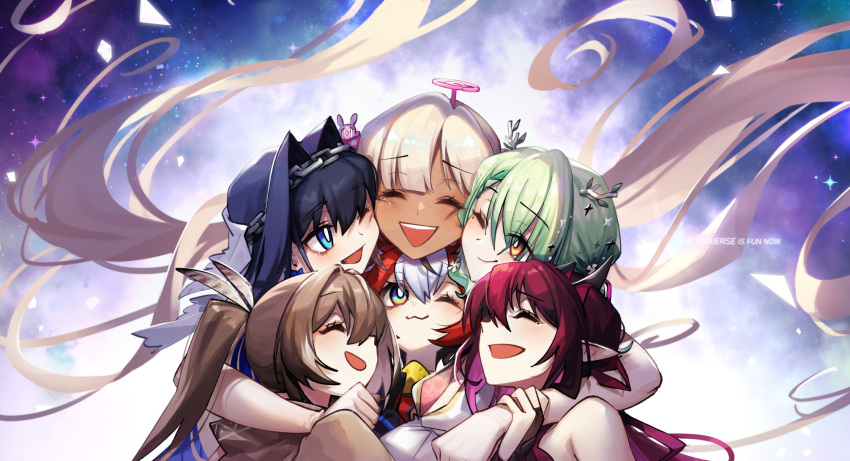 6+girls :3 adarin ahoge antlers bangs black_hair blonde_hair blue_eyes blue_hair bow bow_earrings branch brown_capelet brown_cloak brown_hair capelet ceres_fauna cloak dark-skinned_female dark_skin earrings elbow_gloves english_text feather_hair_ornament feathers floating_hair gloves green_hair group_hug hair_intakes hair_ornament hakos_baelz head_chain highres holocouncil hololive hololive_english hug irys_(hololive) jewelry limiter_(tsukumo_sana) long_hair mouse_girl multicolored_hair multiple_girls nanashi_mumei one_eye_closed ouro_kronii planet_hair_ornament ponytail purple_hair red_hair short_hair sky smile star_(sky) starry_sky streaked_hair tears teeth tsukumo_sana twintails upper_teeth usaslug_(tsukumo_sana) veil very_long_hair virtual_youtuber white_hair yellow_eyes