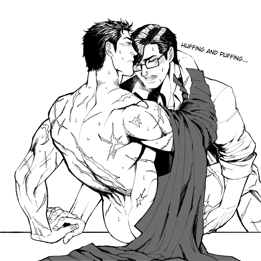 2boys anal ass back bara batman_(series) blush bruce_wayne clark_kent closed_eyes closed_mouth collared_shirt couple dc_comics english_text glasses greyscale highres holding_another's_leg holding_hands large_pectorals looking_at_another male_focus mature_male monochrome multiple_boys muscular muscular_male nude open_mouth pectorals scar scar_on_arm scar_on_back sex shirt shirt_removed short_hair superman_(series) yaoi yooko