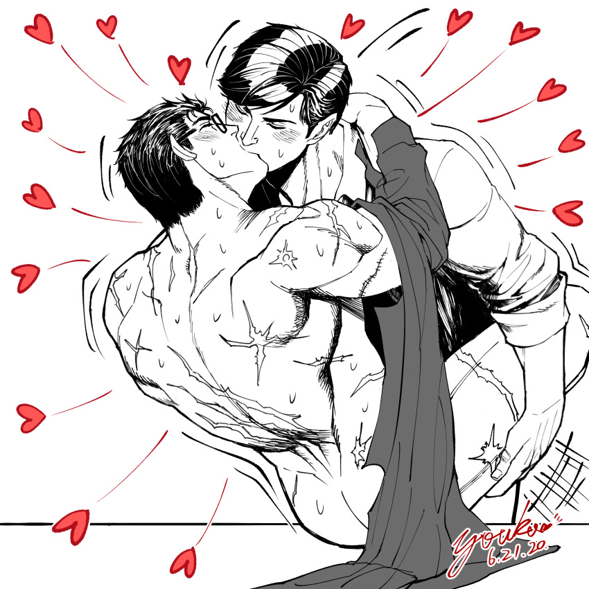 2boys anal artist_name ass back bara batman_(series) blush bruce_wayne clark_kent closed_eyes collared_shirt couple dated dc_comics glasses greyscale heart highres holding_another's_leg holding_hands kiss large_pectorals male_focus mature_male monochrome multiple_boys muscular muscular_male nude pectorals scar scar_on_arm scar_on_back sex shirt shirt_removed short_hair smile superman_(series) yaoi yooko