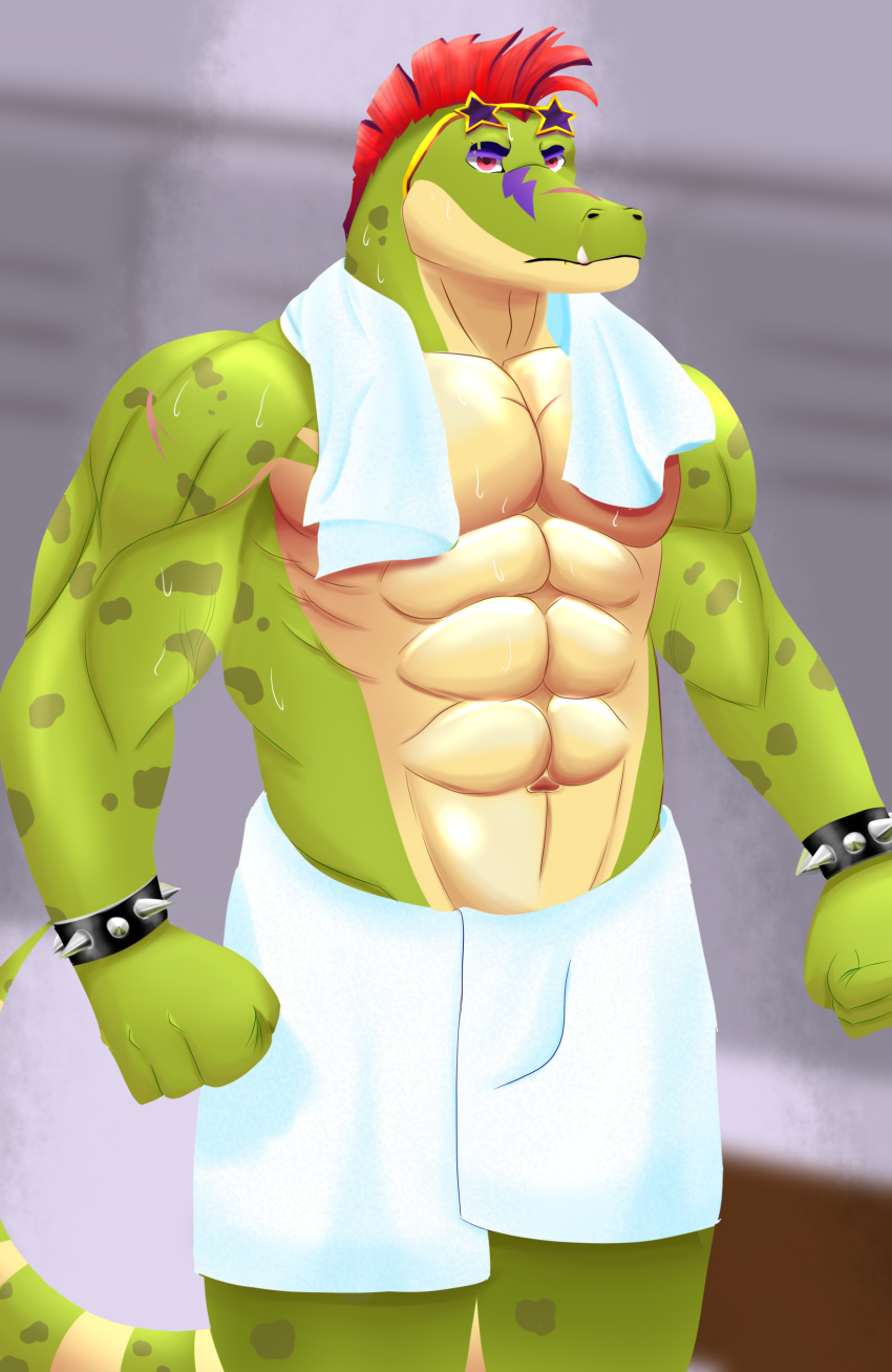 2022 abs absurd_res alligator alligatorid anthro artist_name biceps bracelet bulge clothed clothing crocodilian digital_drawing_(artwork) digital_media_(artwork) eyewear fist five_nights_at_freddy's five_nights_at_freddy's:_security_breach green_body hair henryfda hi_res jewelry locker_room looking_at_viewer male mammal mohawk montgomery_gator_(fnaf) multicolored_body muscular muscular_anthro muscular_male pecs reptile scalie scottgames shaded shower_room simple_background solo spiked_bracelet spikes spots spotted_body teeth text topless towel towel_around_neck towel_around_waist url video_games wristband