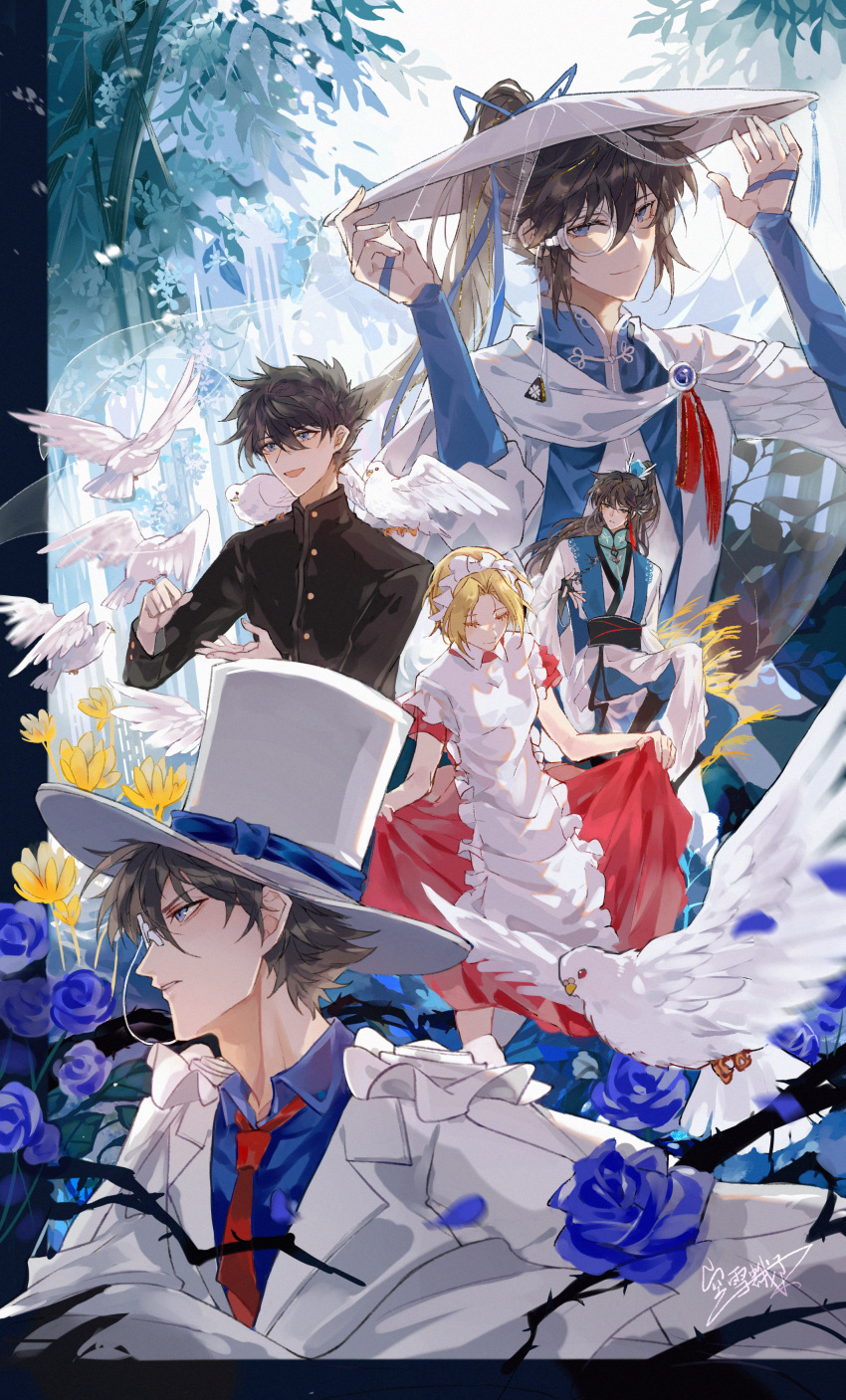absurdres arm_support bangs bird biyoki black_hair blonde_hair blue_eyes blue_flower blue_rose brown_hair cape character_request chinese_clothes dual_persona flower formal gloves hanfu hat highres kaitou_kid looking_at_viewer magic_kaito male_focus monocle multiple_persona necktie parted_bangs profile red_necktie rose shirt short_hair silk suit tassel top_hat upper_body v-shaped_eyebrows weimao white_gloves white_headwear