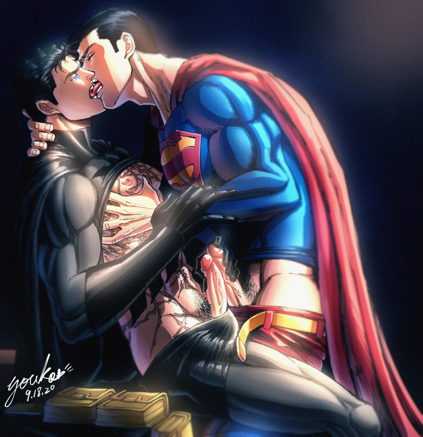 2boys abs absurdres artist_name bara bare_pectorals batman batman_(series) belt black_bodysuit black_cape black_gloves black_hair blue_bodysuit blue_eyes bodysuit bodysuit_pull bruce_wayne cape clark_kent closed_eyes clothes_lift couple dated dc_comics erection french_kiss gloves grabbing groping highres kiss large_pectorals male_focus multiple_boys muscular muscular_male nipples pectoral_grab pectorals penis red_cape scar scar_on_chest scar_on_stomach short_hair sitting superman superman_(series) tongue tongue_out too_many_scars yaoi yellow_belt yooko