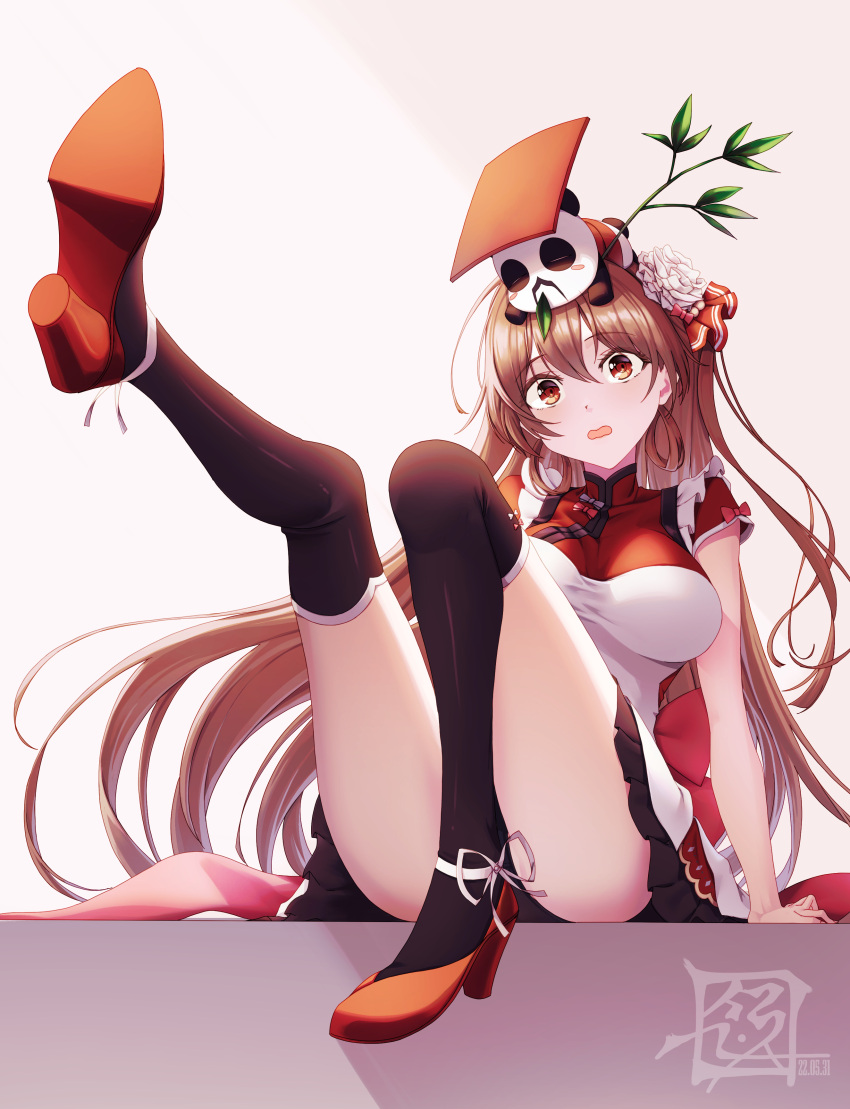1girl absurdres animal_on_head arm_support artist_logo black_thighhighs breasts brown_hair chengdu_(oshiro_project) commentary_request convenient_leg dated dress flower grey_background hair_between_eyes hair_flower hair_ornament hair_ribbon head_tilt high_heels highres knee_up large_breasts leg_up legs long_hair long_legs looking_at_viewer on_head open_mouth orange_footwear orange_ribbon oshiro_project oshiro_project_re over-kneehighs panda ribbon shadow shiny shiny_hair short_sleeves sidelocks sitting suryua thighhighs thighs very_long_hair white_dress