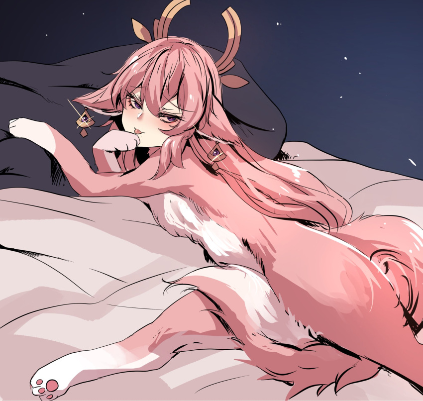 1girl animal_ears bangs commentary fox fox_ears fox_tail furry furry_female genshin_impact hair_ornament hair_ribbon highres hinghoi licking_paw looking_at_viewer on_bed pink_hair purple_eyes ribbon solo symbol-only_commentary tail tongue tongue_out yae_miko