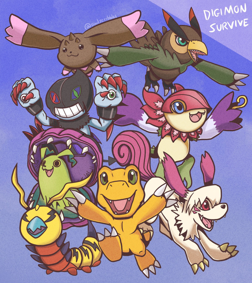 agumon antennae_(anatomy) anthro avian bandai_namco beady_eyes bird brown_body brown_feathers brown_fur digimon digimon_(species) digimon_survive dracmon falcomon feathers female feral floramon fur green_body group hi_res horn kunemon labramon long_ears lopmon male owlscribbles syakomon white_body white_fur wings