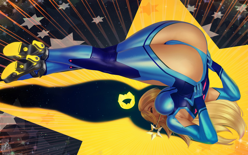 1girl adapted_costume arm_support armpit_cutout blonde_hair cameltoe clothing_cutout cosplay crossed_legs crown crown_removed glowing high_heels highres legs_together looking_at_viewer mario_(series) metroid mini_crown paid_reward_available rosalina samus_aran samus_aran_(cosplay) solo star_(symbol) super_mario_galaxy super_smash_bros. themaestronoob top-down_bottom-up upside-down wand zero_suit