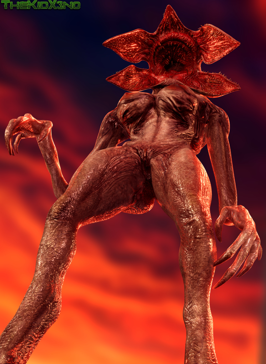 3d_(artwork) absurd_res breasts claws demogorgon detailed_background digital_media_(artwork) faceless_character faceless_female fangs female genitals grey_body hi_res huge_filesize humanoid monster nipples nude open_mouth pussy solo stranger_things teeth thekidxeno thick_thighs