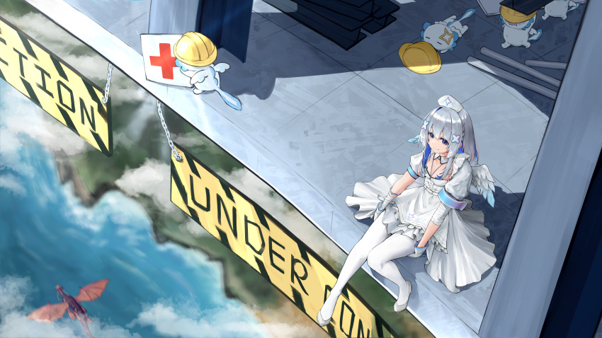 1girl above_clouds absurdres amane_kanata axolotl_(minecraft) bandaged_arm bandages blue_hair caution_tape cloud colored_inner_hair cross dragon dress foot_dangle from_above gloves grey_hair hair_ornament hardhat helmet highres hololive looking_at_viewer medium_hair multicolored_hair official_alternate_costume pantyhose pink_hair puffy_short_sleeves puffy_sleeves purple_eyes red_cross shhhh7 shoes short_dress short_sleeves single_hair_intake sitting smile streaked_hair virtual_youtuber white_dress white_footwear white_gloves white_pantyhose wing_collar x_hair_ornament