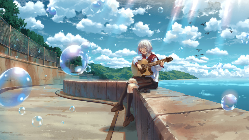 1girl acoustic_guitar after_rain bangs bird black_socks blue_sky brown_footwear chain-link_fence closed_eyes cloud day dtto. fence grey_hair guitar highres hill instrument kneehighs light_rays loafers music on_wall open_mouth original playing_instrument pleated_skirt scenery school_uniform serafuku shijohane shoes shore short_hair singing sitting skirt sky smile socks solo sunlight tree vocaloid water water_drop