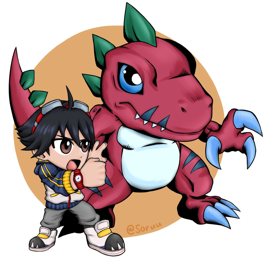 5oruu anthro bandai_namco black_hair blue_eyes chibi claws colored digimon digimon_(species) digimon_survive dinosaur duo eyewear goggles hair hi_res human male mammal red_body reptile scalie takuma_momozuka tyrannomon