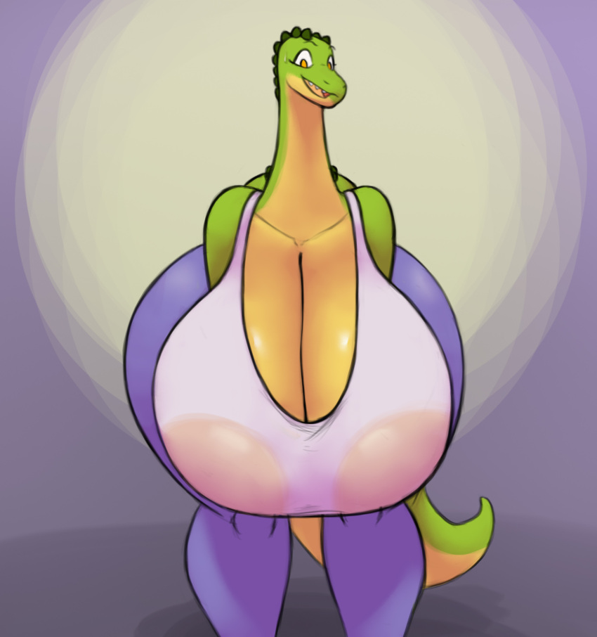 anthro areola bent_over big_breasts bottomwear breasts cleavage clothed clothing dotty_(jovi_cap) female hi_res huge_breasts huge_hips huge_thighs hyper hyper_breasts jovi_cap long_neck looking_at_viewer multicolored_body non-mammal_breasts open_mouth orange_areola orange_eyes pants reptile scalie shirt solo thick_thighs topwear translucent translucent_clothing two_tone_body wide_hips