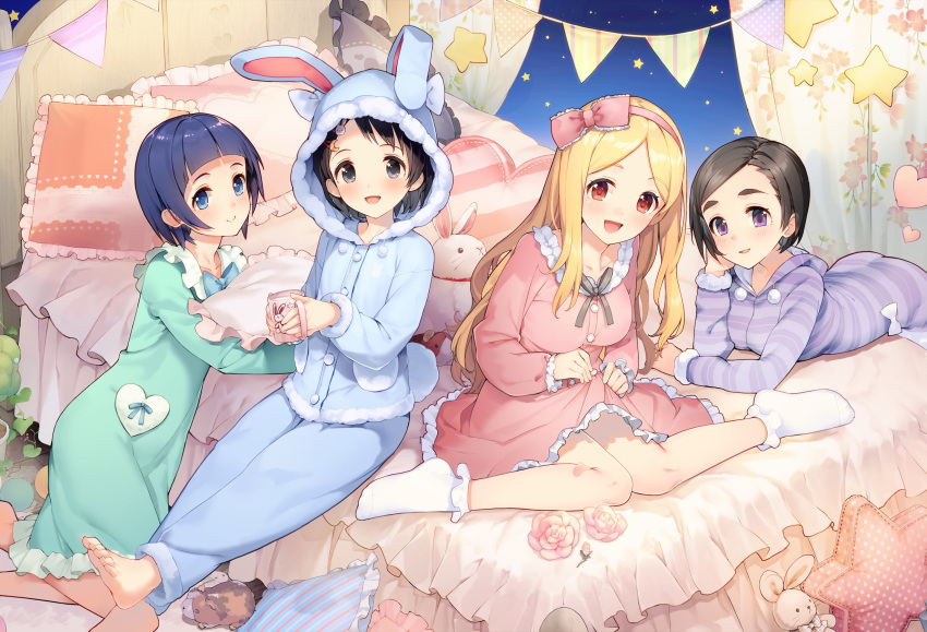 4girls animal_ear_headwear barefoot bed black_hair blonde_hair blue_eyes blue_hair breasts closed_mouth clothes_lift commentary_request drawstring feet flat_chest flower full_body grey_eyes heart heart_pillow highres hood hoodie idolmaster idolmaster_cinderella_girls kneeling lifted_by_self long_hair looking_at_viewer matsuo_chizuru medium_breasts mochizuki_hijiri multiple_girls okazaki_yasuha open_mouth pajamas pillow pom_pom_(clothes) purple_eyes red_eyes rose sasaki_chie short_hair sitting skirt skirt_lift sleepover smile socks star_pillow stuffed_animal stuffed_bunny stuffed_toy teiryoku_lolita toes wariza white_socks