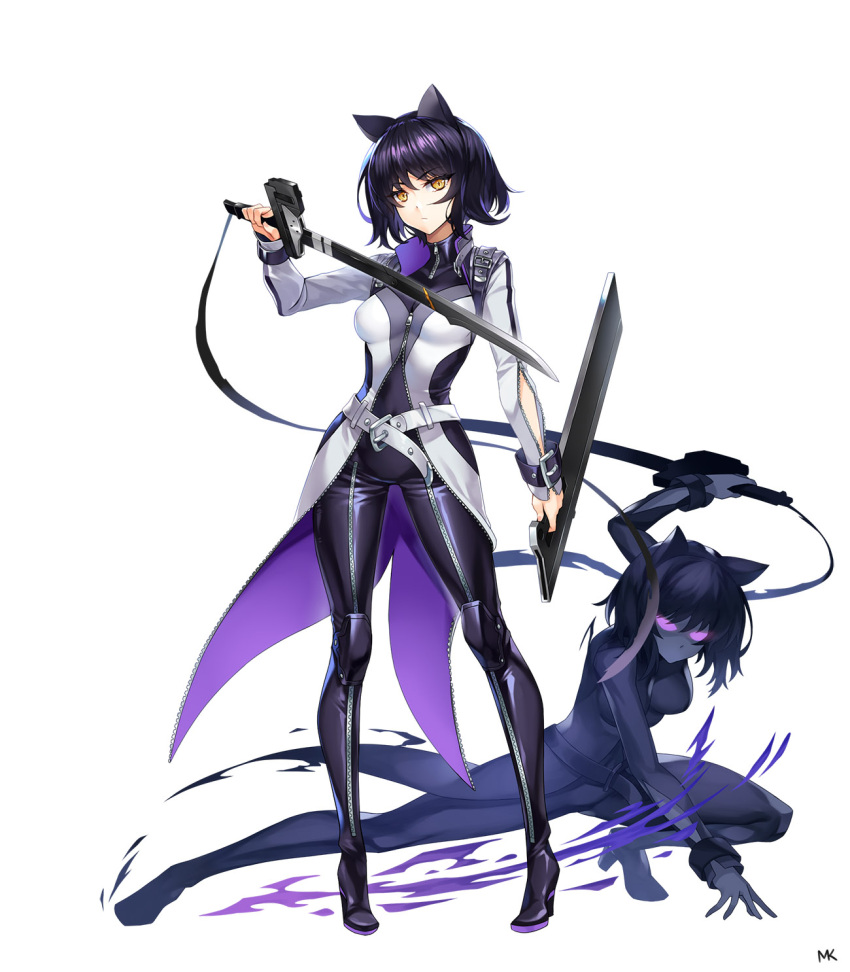 2girls animal_ears bangs black_bodysuit black_footwear black_hair blake_belladonna bodysuit boots cat_ears cleaver closed_mouth coat contrapposto covered_navel dual_wielding full_body gambol_shroud high_heel_boots high_heels highres holding holding_sword holding_weapon knee_boots long_sleeves looking_at_viewer medium_hair mk_(lazymk) multiple_girls rwby shiny shiny_hair simple_background standing sword weapon white_background white_coat yellow_eyes