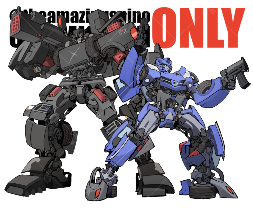 blue_eyes commission dual_wielding ford frown gun highres holding holding_gun holding_weapon mecha missile_pod no_humans orange_eyes original robot science_fiction theamazingspino toyota transformers watermark weapon