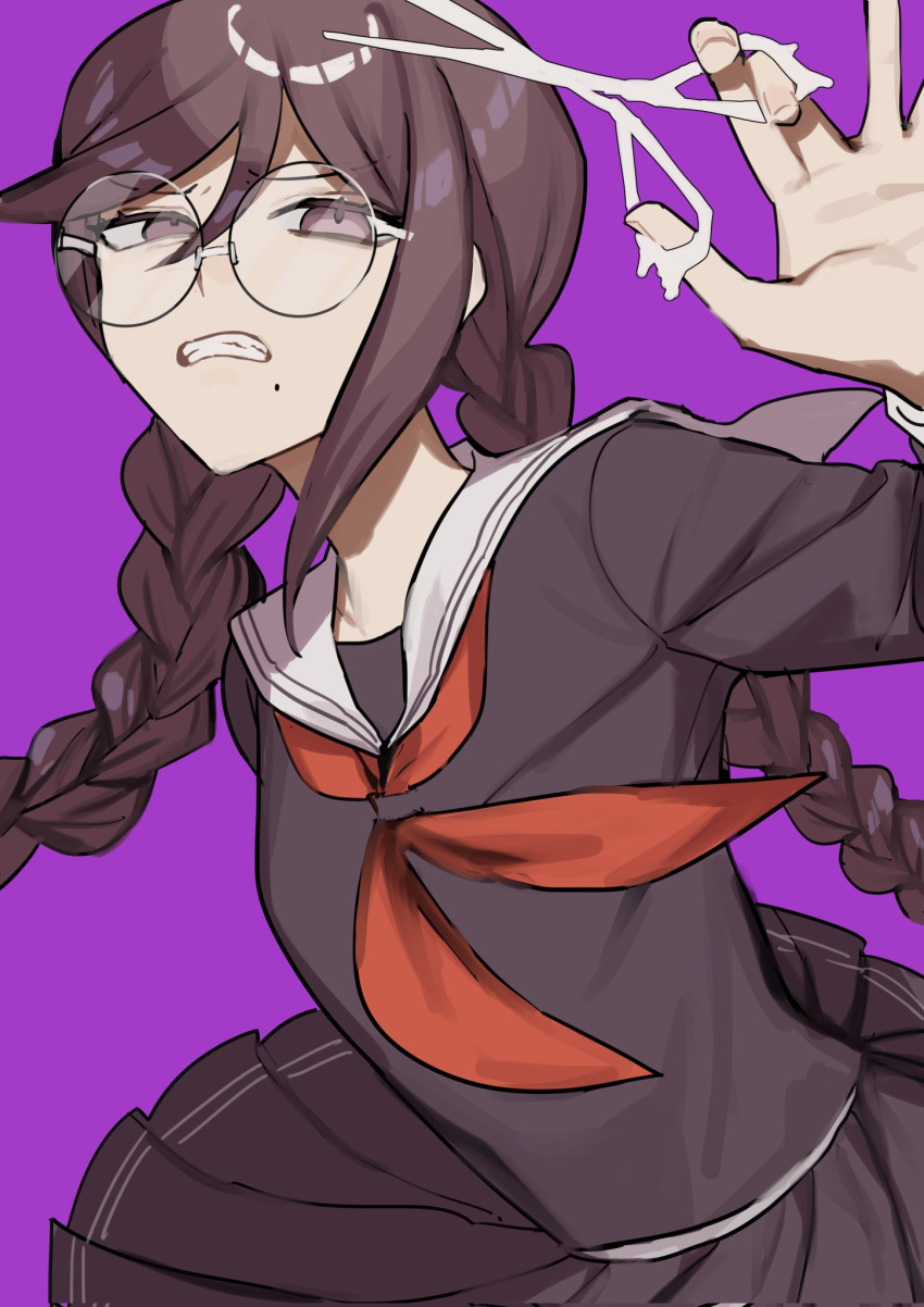 1girl bangs black_shirt black_skirt braid clenched_teeth danganronpa:_trigger_happy_havoc danganronpa_(series) fukawa_touko glasses grey_sailor_collar hand_up highres holding holding_scissors long_hair long_sleeves mole mole_under_mouth neckerchief pleated_skirt purple_background red_neckerchief round_eyewear sailor_collar scissors shindyushiyou shiny shiny_hair shirt simple_background skirt solo teeth twin_braids twintails