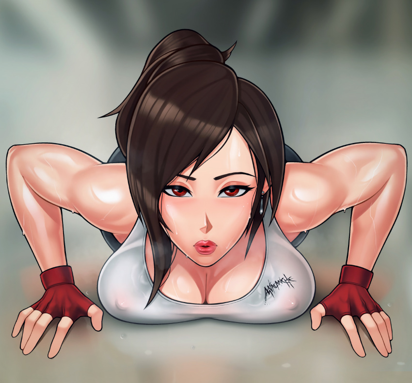 1girl alternate_hairstyle biceps black_hair blurry blurry_background breasts breath brown_eyes cleavage covered_nipples exercise final_fantasy final_fantasy_vii fingerless_gloves gloves highres large_breasts loodncrood looking_at_viewer muscular muscular_female ponytail push-ups solo steaming_body sweat tank_top tifa_lockhart