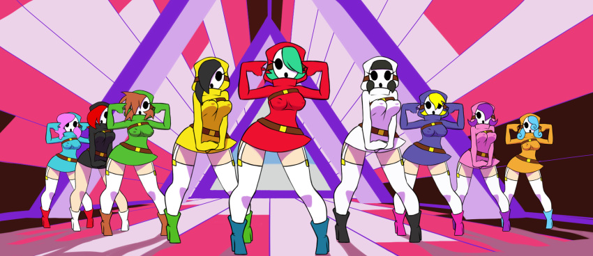 belt boots bouncing_breasts breasts clothing dancing dress female female/female footwear furball_(artist) garter_straps group hi_res hoodie human humanoid legwear mammal mario_bros mask me!me!me! minus8 nintendo shyguy stockings topwear video_games