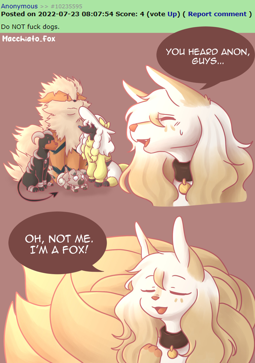 absurd_res arcanine collar debutante_trim_furfrou english_text female feral furfrou group hair hi_res houndoom latte_(macchiato_fox) long_hair macchiato_fox male multi_tail ninetales nintendo pok&eacute;mon pok&eacute;mon_(species) rockruff speech_bubble text video_games