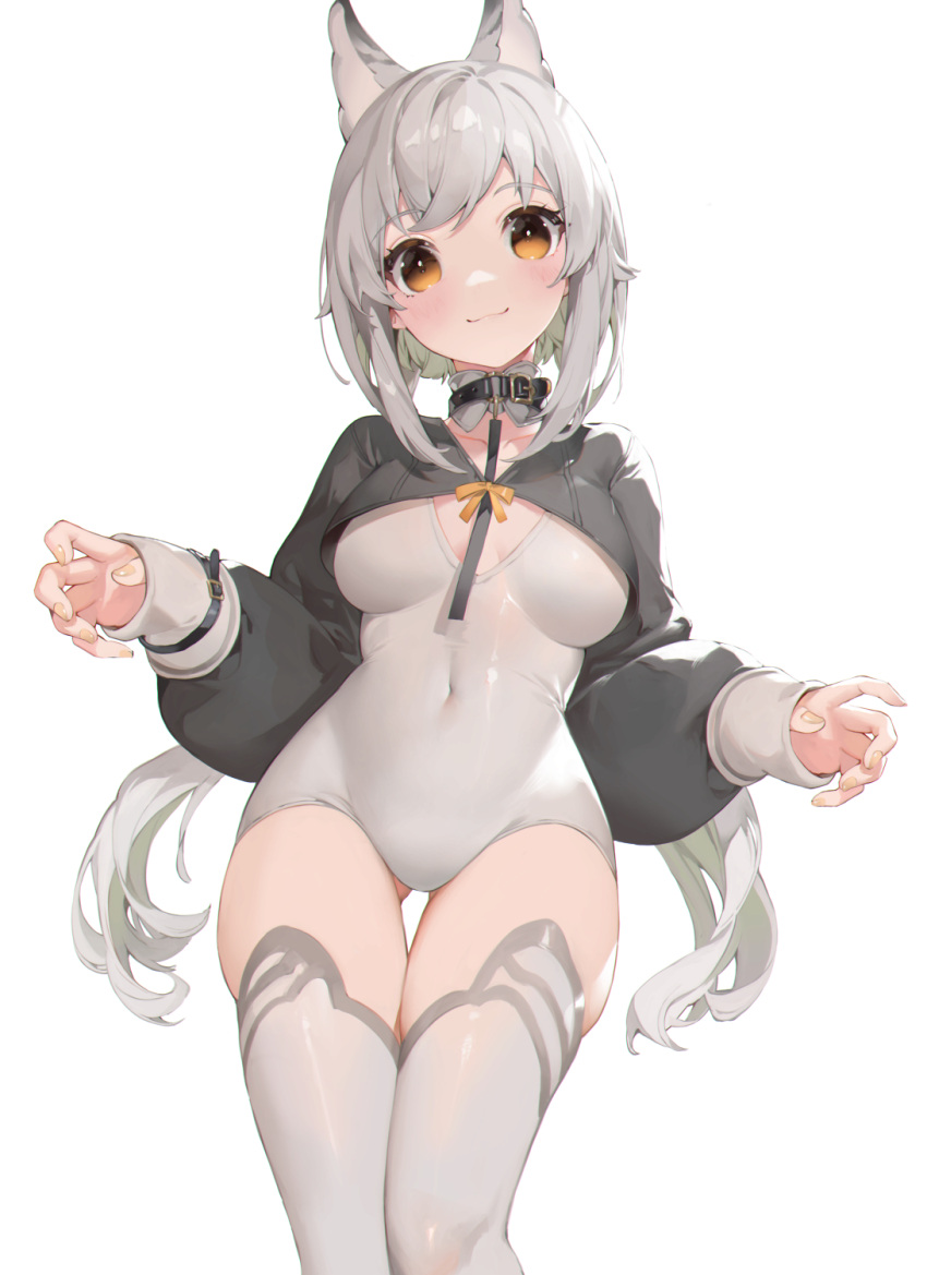 1girl akizone bangs black_collar bow bowtie breasts clothing_request collar collarbone covered_navel cowboy_shot grey_background grey_hair grey_thighhighs highres long_sleeves looking_at_viewer medium_breasts medium_hair orange_bow orange_bowtie orange_eyes original shiny shiny_hair simple_background smile solo tail thighhighs