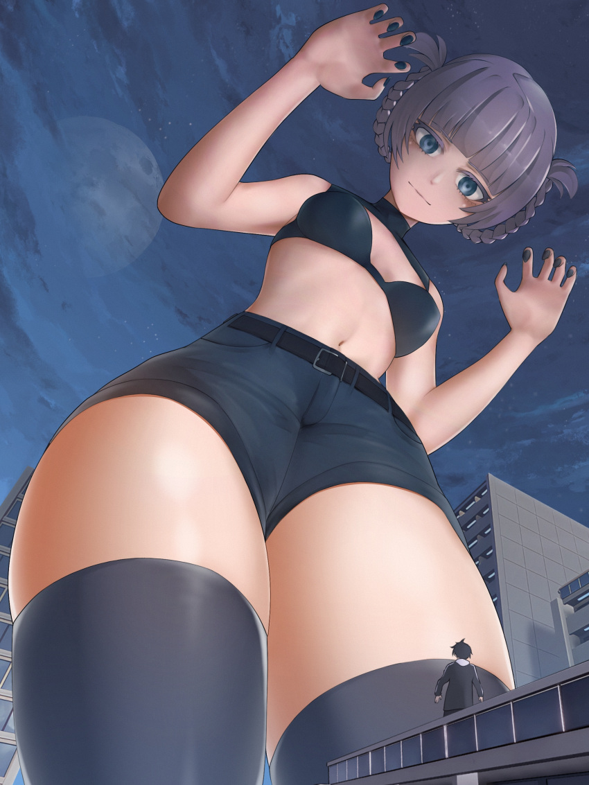 absurdres bangs blue_eyes clothing_cutout crop_top from_below giant giantess highres midriff nanakusa_nazuna_(yofukashi_no_uta) night night_sky shorts size_difference sky sleeveless thighhighs thighs turtleneck turtleneck_crop_top vampire yamori_kou yofukashi_no_uta