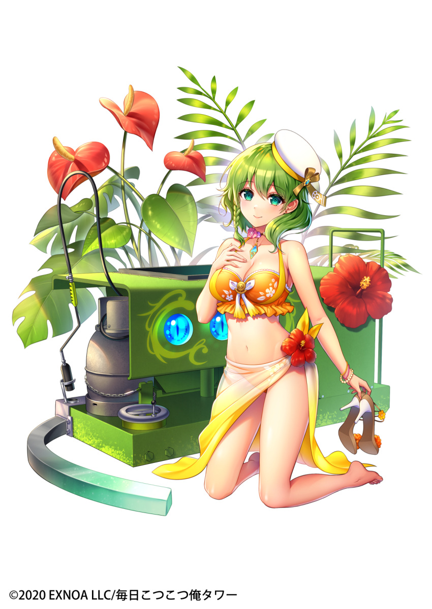 1girl barefoot bikini breasts company_name crank dated flower green_eyes green_hair grill hibiscus high_heels highres jewelry kneeling looking_at_viewer medium_breasts milcho official_art ole_tower orange_bikini propane_tank shoes shoes_removed smile swimsuit tilted_headwear white_background white_headwear