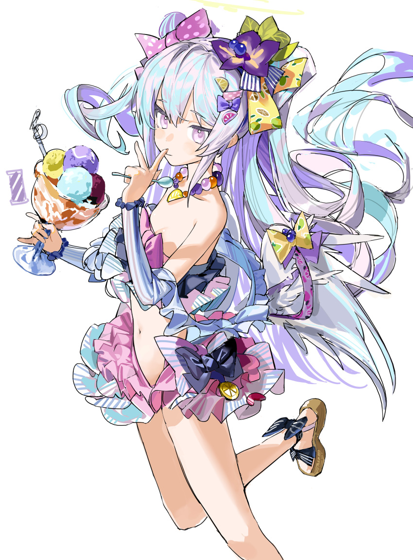 1girl absurdres azusa_(blue_archive) azusa_(swimsuit)_(blue_archive) bangs bare_shoulders bead_necklace beads bikini bikini_skirt blue_archive closed_mouth cup flat_chest floating_hair flower food frilled_bikini frills gohanduck grey_hair hair_flower hair_ornament highres holding holding_cup holding_spoon ice_cream jewelry long_hair looking_at_viewer navel necklace pink_eyes sandals simple_background solo spoon swimsuit v white_background