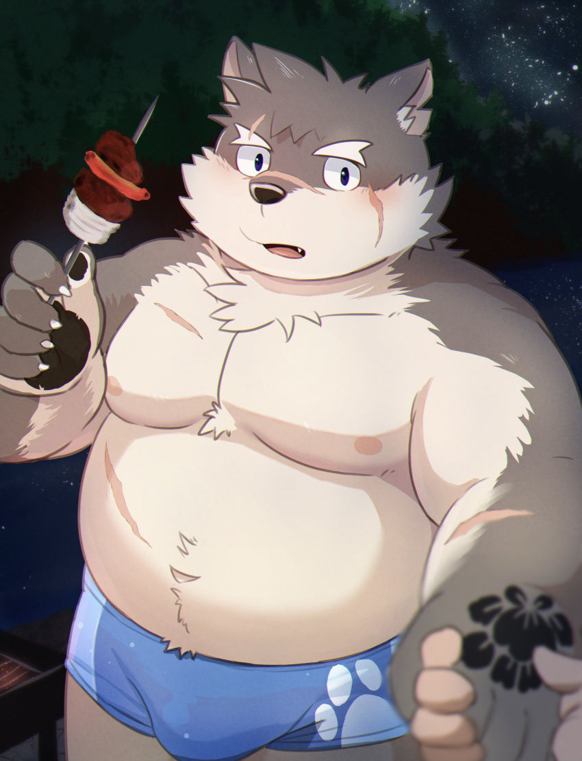 absurd_res anthro blush bulge canid canine canis clothing domestic_dog duo eating eyebrows first_person_view food fur grey_body grey_fur hand_holding hi_res human lifewonders male mammal meat moritaka scar skewer swimwear thick_eyebrows tokyo_afterschool_summoners video_games zuboboz