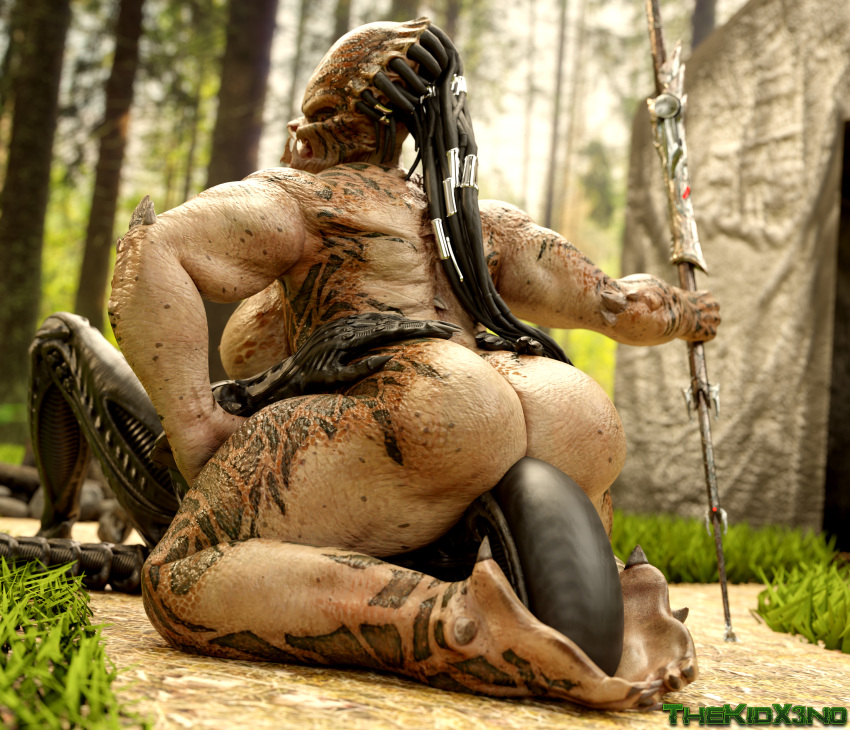 2021 3d_(artwork) absurd_res alien alien_(franchise) big_breasts black_body black_hair breasts butt butt_grab claws detailed_background digital_media_(artwork) duo facesitting fangs female forest genitals grey_body hair hand_on_butt hi_res holding_object holding_weapon huge_filesize humanoid humanoid_on_humanoid interspecies lying male male/female melee_weapon monster muscular muscular_female muscular_male nipples nude on_bottom on_top open_mouth plant polearm predator_(franchise) spear teeth thekidxeno thick_thighs tree video_games weapon wide_hips x3no xenomorph yautja yellow_body yellow_eyes