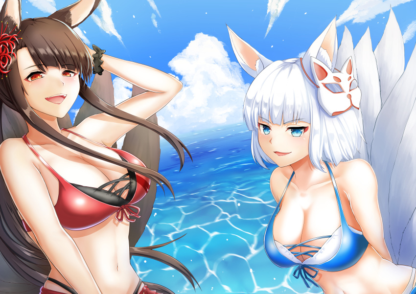 2girls absurdres akagi_(azur_lane) akagi_(paradise_amaryllis)_(azur_lane) animal_ears arms_behind_back azur_lane bikini blue_bikini blue_eyes blue_sky breasts brown_hair brown_tail cloud day dutch_angle flower fox_ears fox_mask fox_tail hair_flower hair_ornament hand_in_own_hair highres kaga_(azur_lane) kaga_(everlasting_killing_stone)_(azur_lane) kitsune kyuubi large_breasts leaning_forward long_hair mask mask_on_head multiple_girls multiple_tails official_alternate_costume open_mouth outdoors red_bikini red_eyes red_flower sky spider_lily suzuki_(white-world) swimsuit tail water white_tail