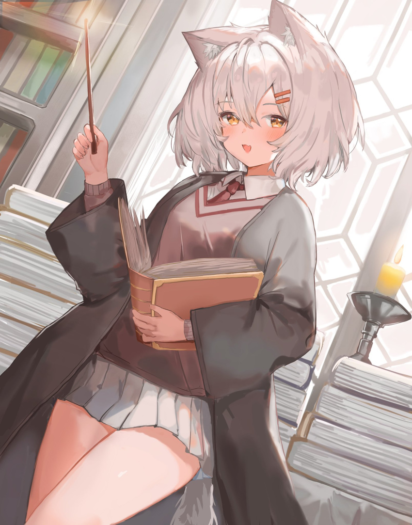 1girl :d animal_ears book book_stack bookshelf candle candlestand grey_hair harry_potter_(series) highres holding holding_book long_sleeves looking_at_viewer miniskirt open_clothes open_robe orange_eyes original pleated_skirt robe short_hair skirt smile sorotu sweater tail wand wide_sleeves