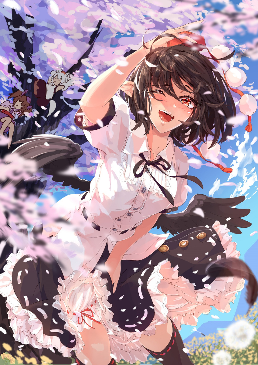 3girls ;d animal_ears bangs bird_wings black_hair black_ribbon black_skirt bloomers blue_sky blurry blush brown_hair buttons cherry_blossoms cloud collared_shirt depth_of_field detached_sleeves feathered_wings feathers fisheye floating_hair frilled_skirt frills hand_up hat highres himekaidou_hatate in_tree inubashiri_momiji kagami_toufu multiple_girls neck_ribbon one_eye_closed open_mouth pointy_ears pom_pom_(clothes) puffy_short_sleeves puffy_sleeves red_eyes red_headwear red_ribbon ribbon ribbon-trimmed_legwear ribbon_trim shameimaru_aya shirt short_hair short_sleeves sitting sitting_in_tree skirt sky sleeping sleeping_upright smile solo_focus tail tassel teeth thighhighs tokin_hat touhou tree twintails underwear white_hair white_shirt wind wings wolf_ears wolf_tail