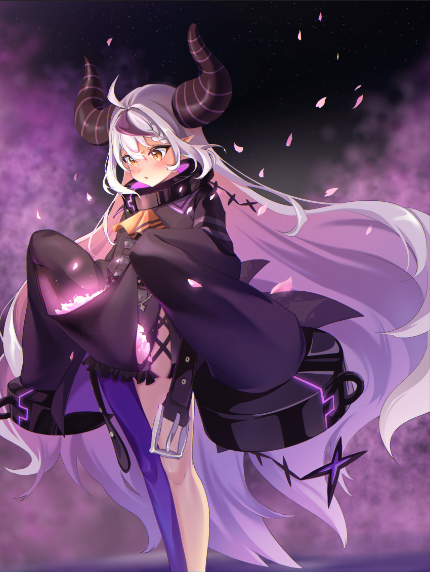 1girl absurdres ahoge asymmetrical_clothes bangs chata_art_008 cherry_blossoms feet_out_of_frame highres hololive horns la+_darknesss leggings long_hair long_sleeves multicolored_hair purple_hair single_pantsleg skirt_basket sleeves_past_wrists solo standing tail very_long_hair virtual_youtuber white_hair yellow_eyes