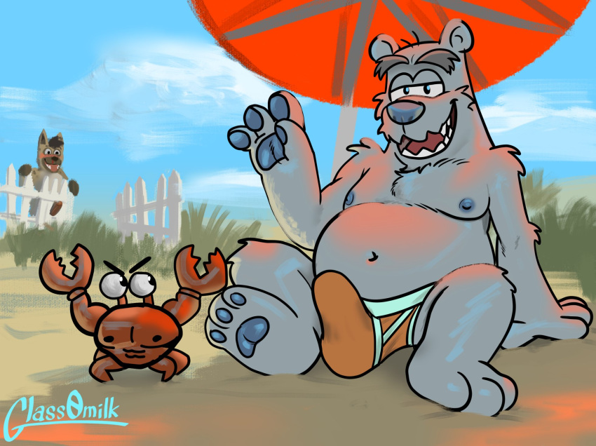 2022 3_toes 4_fingers alex_yeena anthro arthropod beach beach_umbrella briefs bulge clothed clothing cloud club_penguin crab crustacean decapoda erection erection_under_clothing feet feral fingers fur genitals glass0milk group half-closed_eyes herbert_p._bear hi_res humanoid_genitalia humanoid_penis hyaenid looking_at_viewer malacostracan male mammal marine narrowed_eyes navel nipples nude open_mouth open_smile orange_clothing orange_underwear penis polar_bear sand seaside sitting sky smile teeth toes underwear ursid ursine video_games white_body white_fur