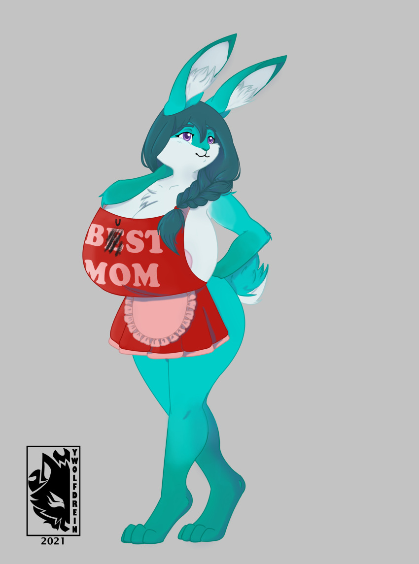 absurd_res anthro apron apron_only big_breasts braided_hair breasts clothing female hair hi_res huge_breasts lagomorph leporid mammal mature_female mostly_nude mother parent rabbit solo wide_hips ywolfdrein
