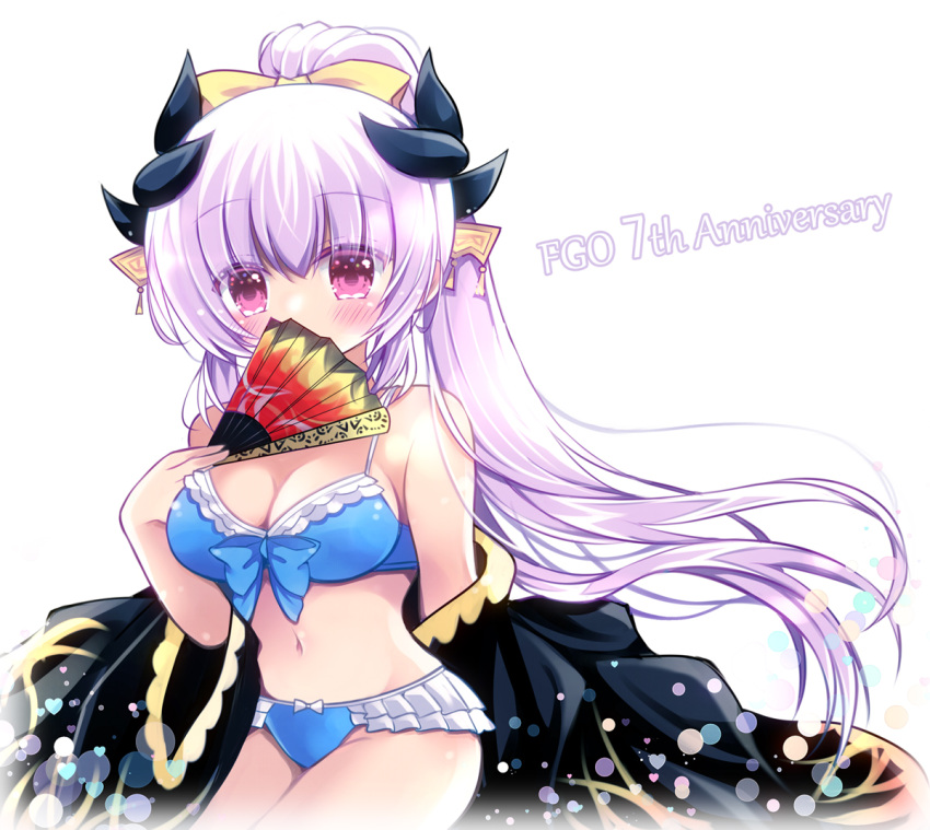 1girl anniversary bikini blue_bikini bow bow_bikini breasts cowboy_shot dragon_girl dragon_horns english_text fate/grand_order fate_(series) folding_fan frilled_bikini frills hair_bow hand_fan holding holding_fan horns kiyohime_(fate) kiyohime_(swimsuit_lancer)_(fate) kiyohime_(swimsuit_lancer)_(third_ascension)_(fate) large_breasts light_purple_hair long_hair multiple_horns navel ponytail purple_eyes solo standing swimsuit toko_(torisan_ren) yellow_bow