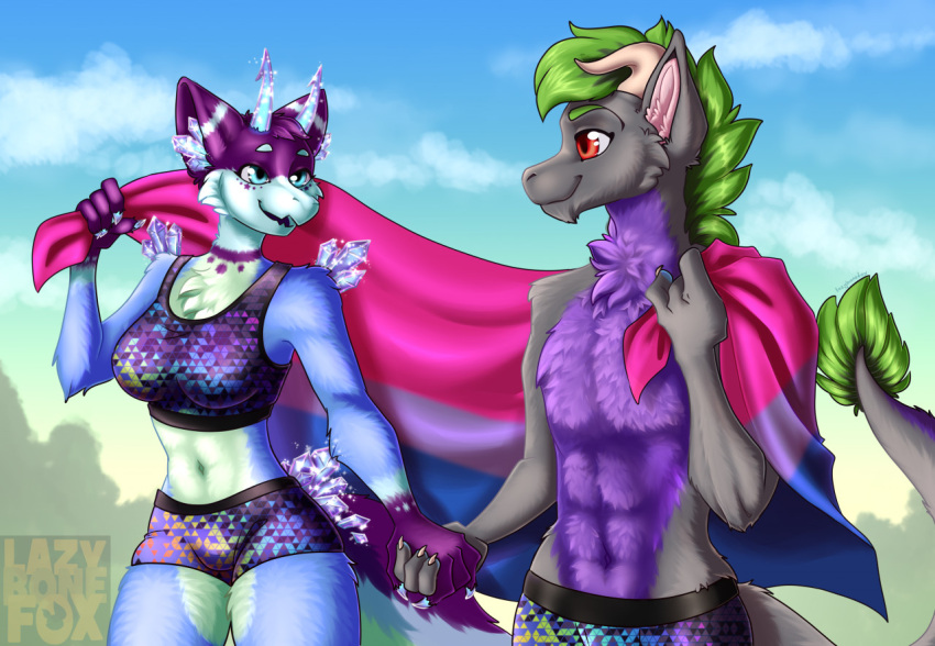 anthro big_breasts bisexual breasts clothing dragon duo female fingers flag flag_(object) fur gem green_hair grey_body grey_fur hair holding_object horn kejqi lazybonefox lgbt_history_month lgbt_pride male male/female myra_valentine pride_color_flag pride_colors simple_background smile topwear underwear