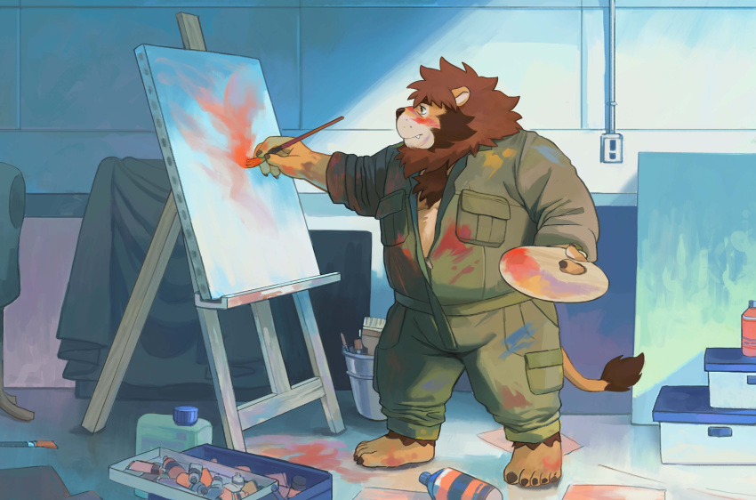 2022 absurd_res anthro biped clothed clothing detailed_background felid hi_res humanoid_hands huynhduyad14 kemono lion male mammal overweight overweight_male painting pantherine solo