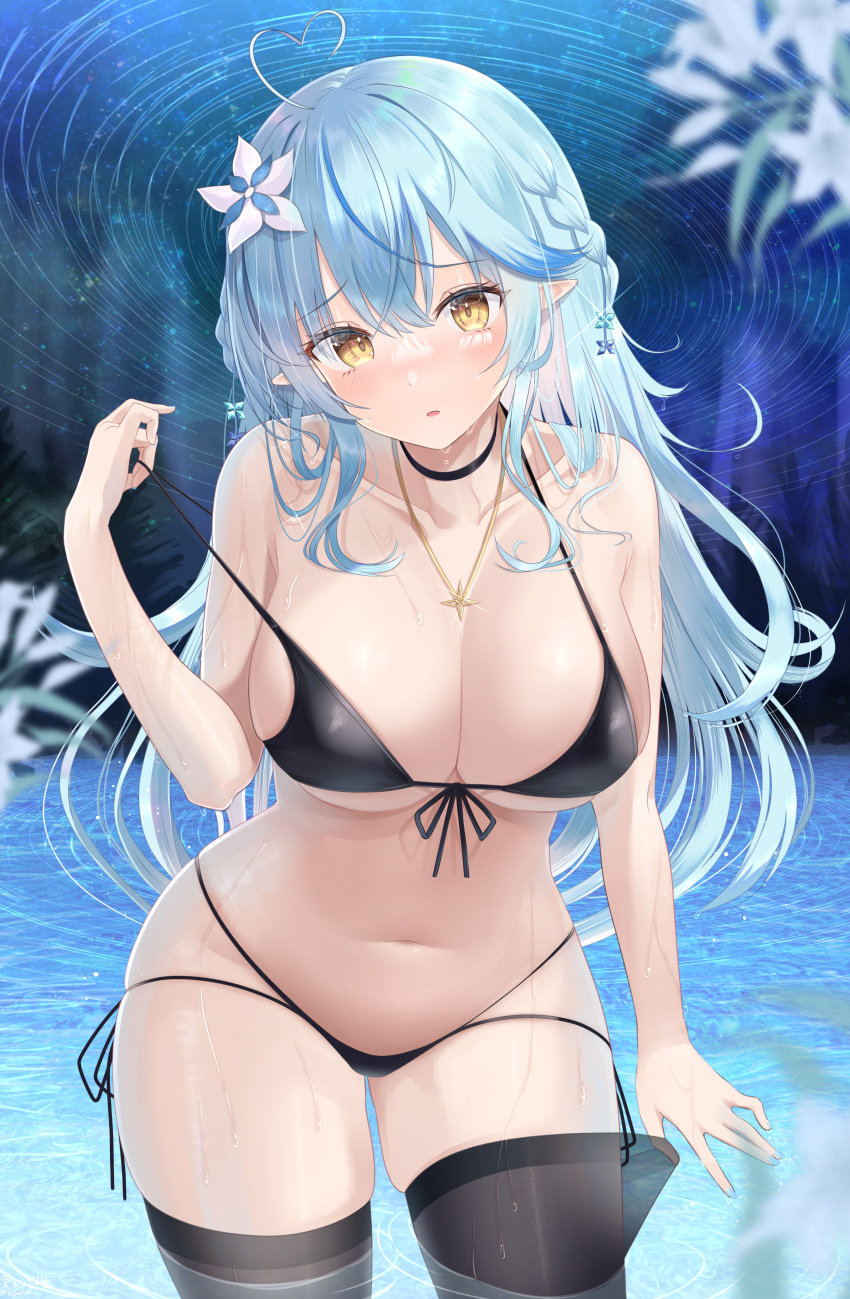 1girl absurdres ahoge bangs bikini black_bikini black_choker black_thighhighs blue_hair blush braid breasts choker cleavage colored_tips curvy elf flower front-tie_bikini front-tie_top hair_between_eyes hair_flower hair_ornament head_tilt heart heart_ahoge highres hololive jewelry kachikachipiroo large_breasts leaning_forward long_hair looking_at_viewer multicolored_hair navel necklace parted_lips pointy_ears pulled_by_self side-tie_bikini snowflake_hair_ornament solo standing stomach strap_pull streaked_hair string_bikini swimsuit thigh_squish thighhighs thighhighs_pull very_long_hair virtual_youtuber wading water wet white_flower yellow_eyes yukihana_lamy