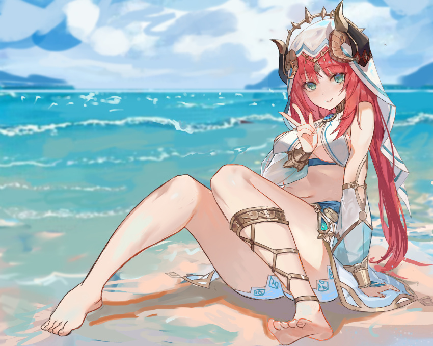 1girl absurdres bare_shoulders barefoot beach blue_sky breasts day detached_sleeves duzizai feet forehead_jewel full_body genshin_impact green_eyes highres horns jewelry long_hair long_sleeves looking_at_viewer midriff navel nilou_(genshin_impact) ocean outdoors red_hair scenery sky smile soles toes twintails underboob veil