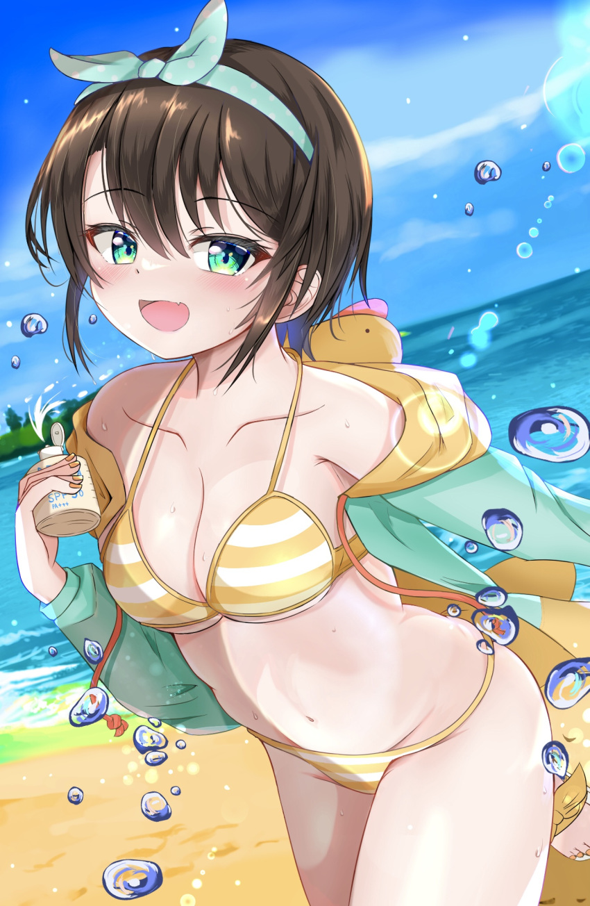1girl aqua_eyes bangs beach bikini blue_sky blurry blurry_background blush breasts brown_hair cleavage cloud cloudy_sky collarbone commentary_request cowboy_shot eyelashes hair_between_eyes hairband hand_up highres holding hololive jacket jacket_over_swimsuit lens_flare long_sleeves looking_at_viewer lotion masaharu21 medium_breasts navel official_alternate_costume oozora_subaru open_mouth outdoors shiny shiny_hair shiny_skin short_hair sidelocks sky solo stomach striped striped_bikini sunscreen swept_bangs swimsuit thighs virtual_youtuber water white_bikini yellow_bikini yellow_jacket