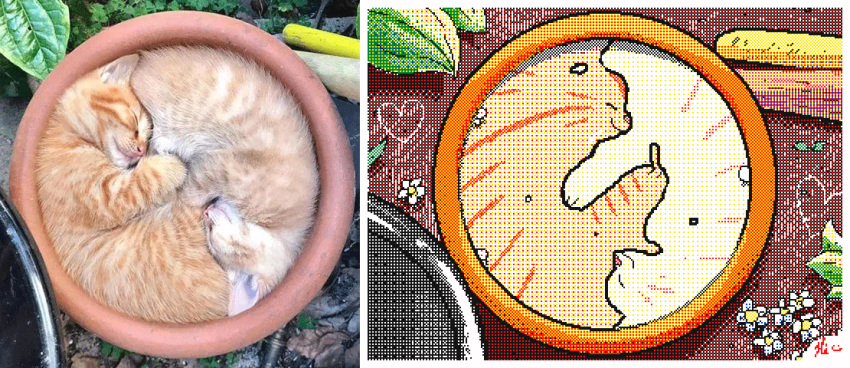 &lt;3 2022 ambiguous_gender animated domestic_cat duo felid feline felis feral flower food fur high-angle_view keke_(artist) mammal plant quadruped red_text signature sleeping tan_body tan_fur text whiskers