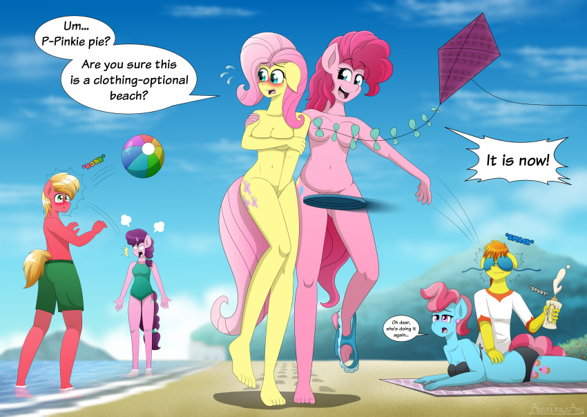 2021 5_fingers 5_toes aarondrawsarts absurd_res angry anthro anthrofied ball beach beach_ball big_macintosh_(mlp) bikini bikini_bottom bikini_top blue_body bodily_fluids bottomwear breasts brown_hair censored clothed clothing covering covering_breasts cutie_mark digital_media_(artwork) embarrassed equid equine exhibitionism feet female fingers fluttershy_(mlp) friendship_is_magic group hair happy hasbro hi_res holding_object horn horse humanoid_feet humanoid_hands inflatable kite male mammal mr._cake_(mlp) mrs._cake_(mlp) my_little_pony navel nude orange_hair pink_body pink_eyes pink_hair pinkie_pie_(mlp) pony public public_nudity purple_body purple_hair red_body seaside sound_effects sugar_belle_(mlp) sunscreen sweat sweatdrop swimming_trunks swimwear toes topless topwear towel unicorn walking yellow_body