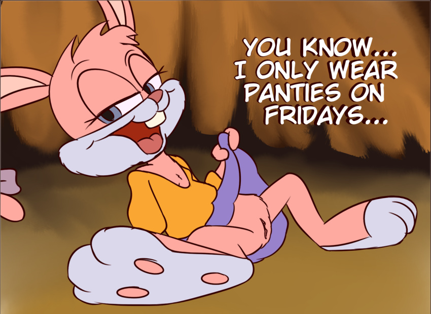 :d anthro babs_bunny clothed clothing female flashing genitals kamperkiller_(artist) lagomorph leporid mammal no_underwear presenting presenting_pussy pussy rabbit smile solo spread_legs spreading teenageer text tiny_toon_adventures upskirt warner_brothers young