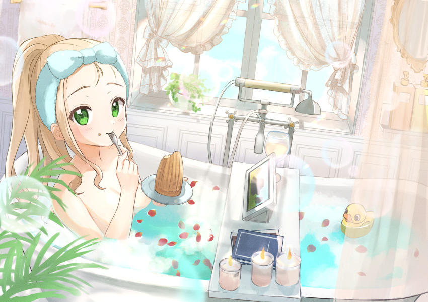 1girl absurdres alcohol bath bathing bathroom bathtub blonde_hair blush book bow_hairband cake candle card cellphone cup curtains day drinking_glass eating fire flame food food_on_face fork girls_und_panzer green_eyes hair_pulled_back hairband highres holding holding_card holding_food holding_fork in_water lit_candle long_hair looking_back marie_(girls_und_panzer) nude partially_submerged petals petals_on_liquid phone plant ponytail rubber_duck shower_head sky smartphone smile soap_bottle soap_bubbles solo utensil_in_mouth wallpaper_(object) water window wine wine_glass yaminabe_(szhal14)