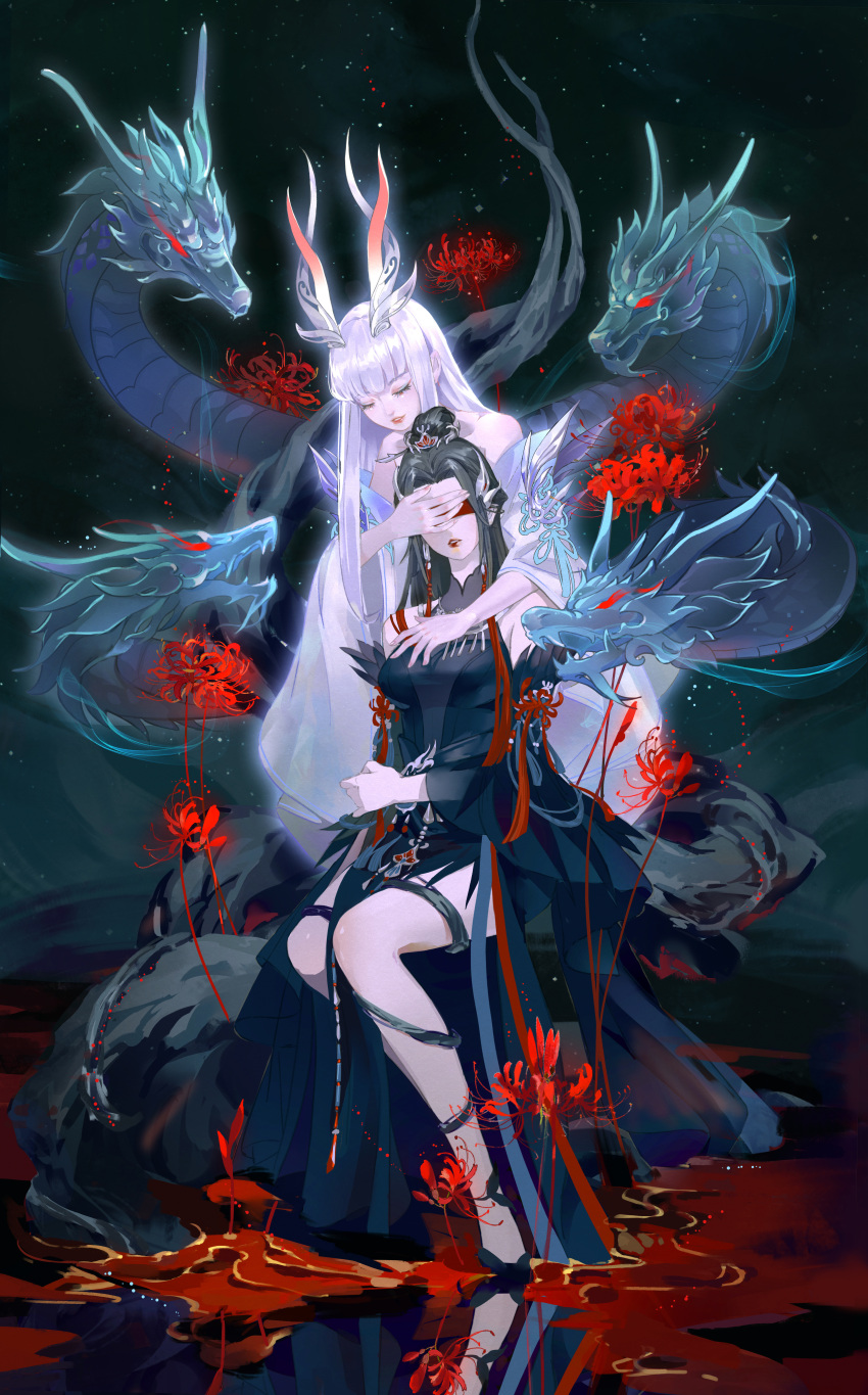 2girls absurdres bare_shoulders black_hair blindfold closed_eyes covering_another's_eyes detached_sleeves dragon flower gui_xiansheng_(zhu_xian) hair_bun highres horns jiu_ying_(zhu_xian) li_xiao_tu light_particles long_hair multiple_girls rock spider_lily white_hair zhu_xian