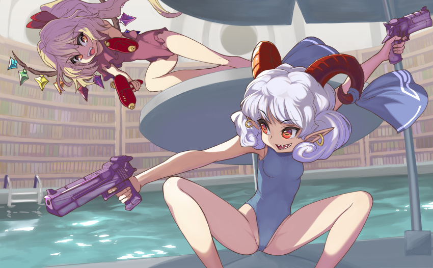 2girls adapted_costume blonde_hair crystal curly_hair earrings fang flandre_scarlet highres holding_spork horizontal_pupils horn_ornament horn_ribbon horns jewelry medium_hair multiple_girls no_hat no_headwear one_side_up pointy_ears pool rectangular_pupils red_eyes red_horns ribbon sharp_teeth sheep_horns shope slit_pupils smile swimsuit table teeth touhou toutetsu_yuuma umbrella water_gun white_hair wings